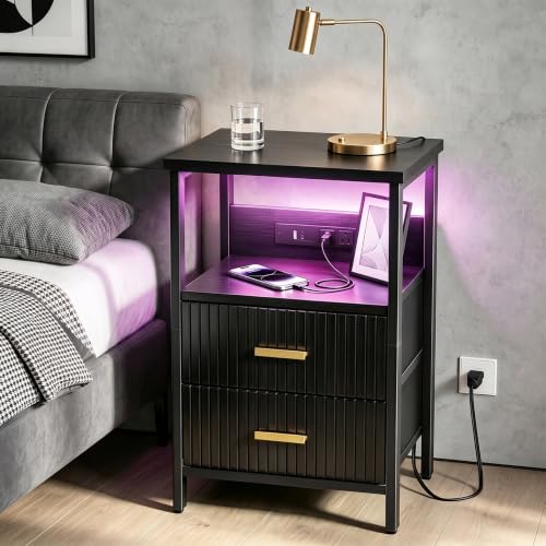 Night Stand with Charging Station (15.7"D x 11.8"W x 23.6"H (2 drawers) / Power+Light (1pc) / Black Fluted)