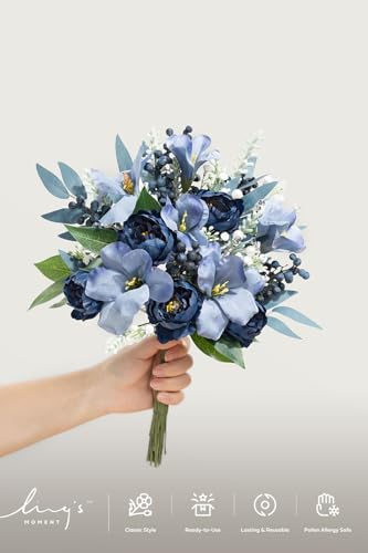 Navy Blue Fake Flowers Artificial Faux Greenery Stems 59pcs (Blu-dark Green & Navy)