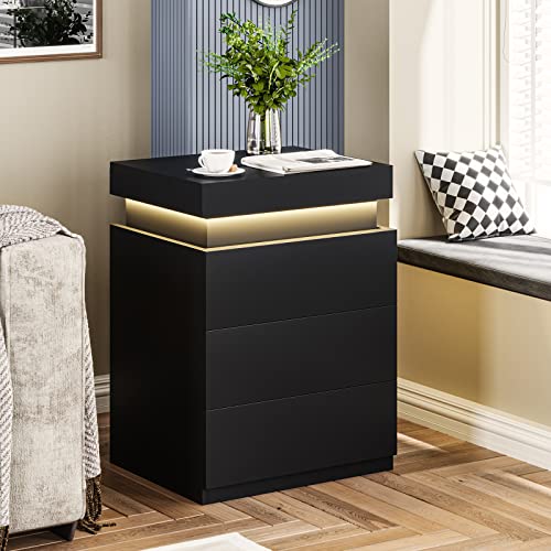 Black Nightstand with Charging Station and LED Lights (Black)