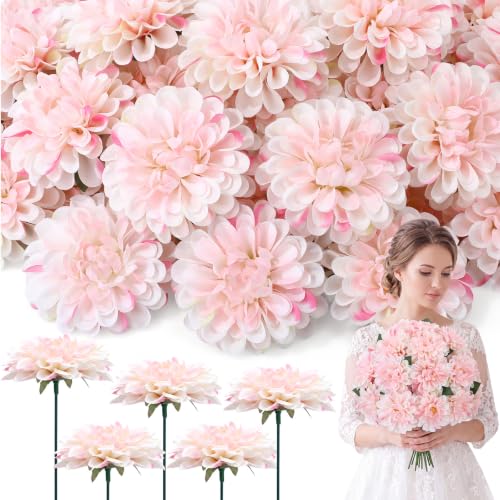 100pcs Light Pink Artificial Dahlia Flowers with Stem (Light Pink)