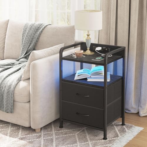 Black Led Nightstand (15.7"D x 11.8"W x 24.2"H (2 drawers) / Power+Light (1pc) / Black)