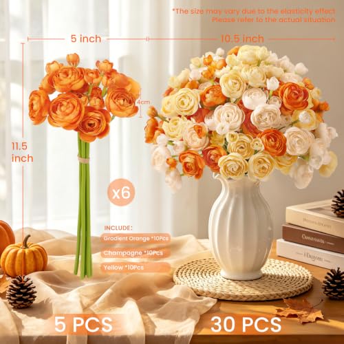 30Pcs Ranunculus Artificial Flowers Fall Faux Silk Mini Ranunculus (Cream&ombre Orange&pale Yellow)