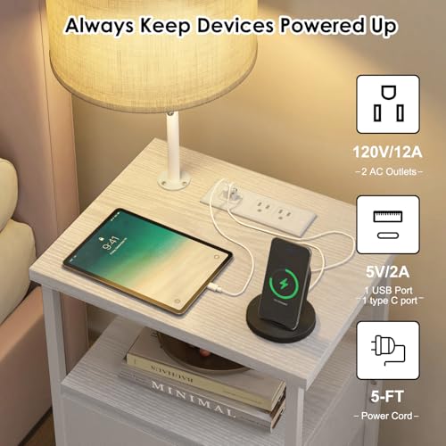 Night Stand with 3 Color Temperature Bulb Attached (15.7"D x 11.8"W x 23.6"H (2 drawers) / Power+Lamp (1pc) / White)