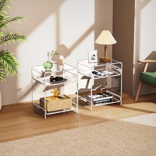 Acrylic End Table Record Player Table with Storage Shelf Clear Side Table Nightstand (Clear Set of 2)