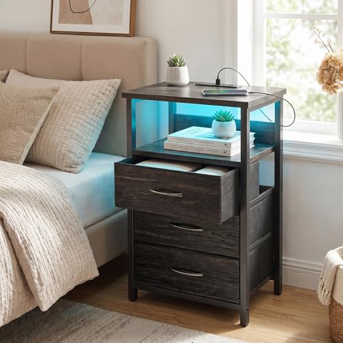 Night Stand with 3 Fabric Drawers (15.7"D x 11.8"W x 26.9"H (3 drawers) / Power+Light (1pc) / Black Oak)
