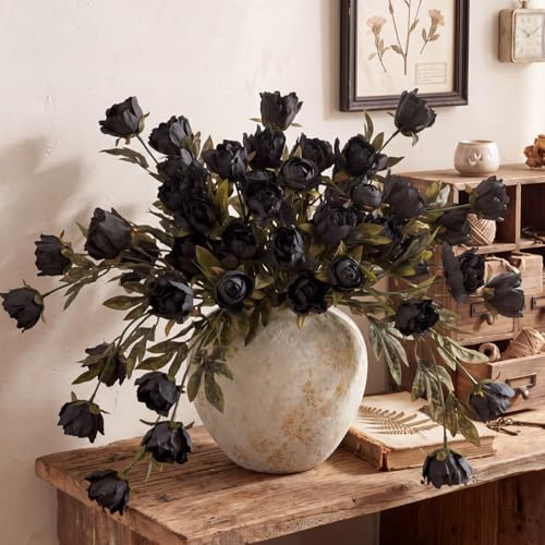Faux Silk Peony Artificial Flowers Stem for Vase (Black)