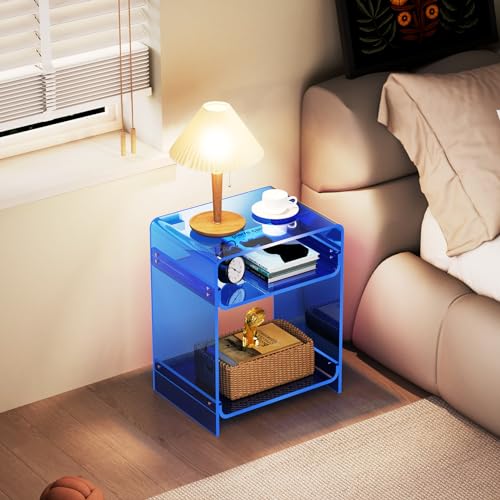 Acrylic End Table Record Player Table with Storage Shelf Clear Side Table Nightstand (Blue)