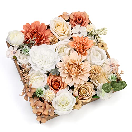 Artificial Flowers Combo Dahlia 34pcs Silk Mix Fake Flowers Roses for DIY Wedding Bouquets Combo Centerpieces Arrangements Party Bridal Baby Shower Home Decorations (White Pink)