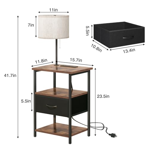 Nightstand with Lights Bedside Table with 3 Color Temperatures Bulb (15.7"D x 11.8"W x 23.5"H (1 drawer) / Power+Lamp (1pc) / Rustic Brown & Black)