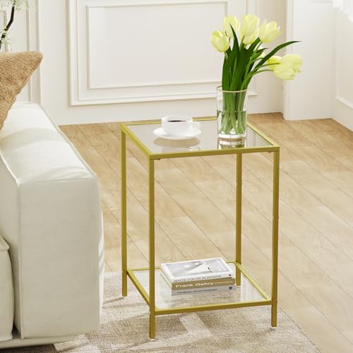 Side Tables Set of 2 with Tempered Glass (Gold / 15.7"D x 15.7"W x 23.6"H)