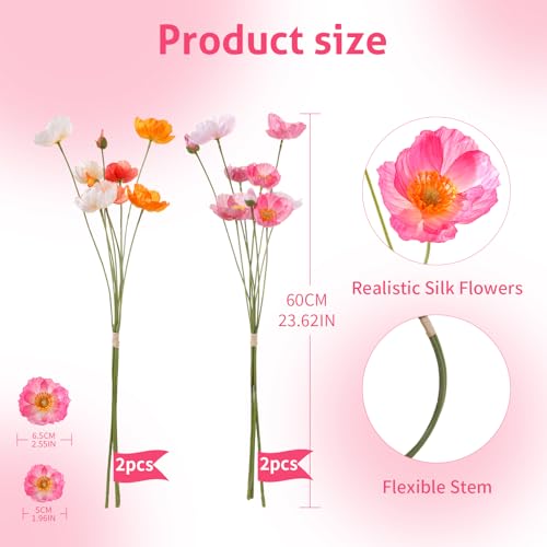 12PCS 36Heads Artificial Poppy Flowers with Stems (Orange+pink)