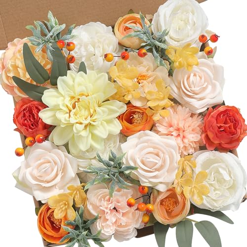 18Heads Multi Use Artificial Flowers Combo for DIY Wedding Bridal Bouquet Table Chair Decor Candle Holder Baby Cake Decor Flower Strips Home Decor Gift Box (Warm Orange White)