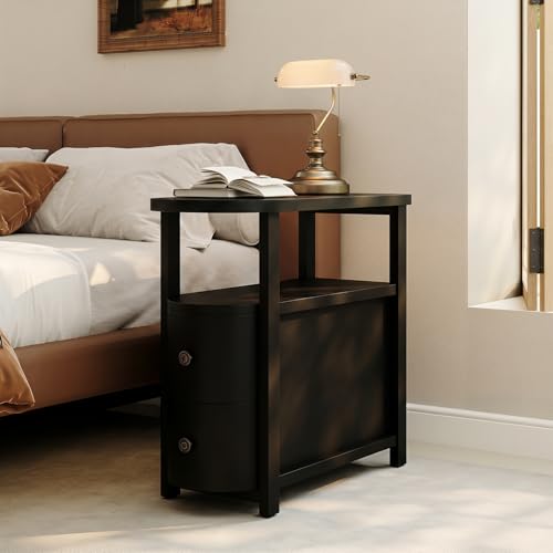 Solid Wood End Table with 2 Drawers & Open Shelf (Black)