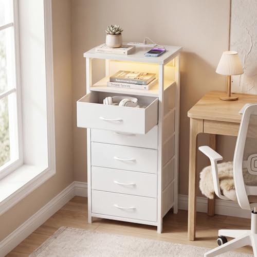 Night Stand with Charging Station (15.7"D x 11.8"W x 39.3"H (5 drawers) / Power+Light (1pc) / White)