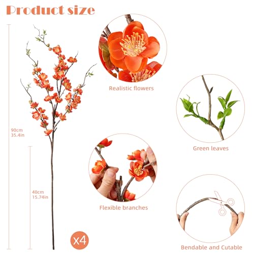 4PCS Cherry Blossom Branches Artificial Plum Blossom Fake Flowers Silk Flowers 35.4'' Artificial Flowers Long Stem Artificial Flowers for Tall Vase for Indoor Home Decoration (Orange)