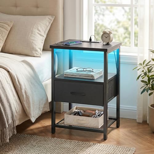 Night Stand with Charging Station (15.7"D x 11.8"W x 23.5"H (1 drawer) / Power+Light (1pc) / Black)