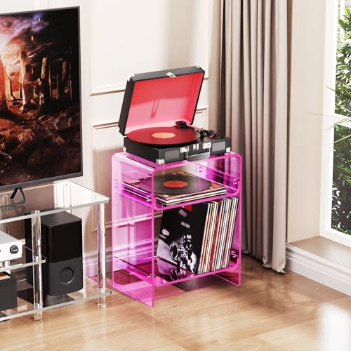 Acrylic Record Player Table with Storage Shelf (Pink / Large)