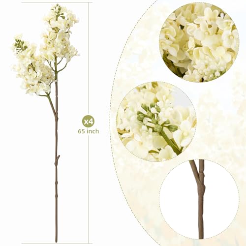 4PCS 25.6inch Lilac Artificial Flowers White Fake Delphinium Long Stem Silk Real Touch Flower Faux Lilac Floral Arrangement for Tall Vase Table Centerpieces Wedding Garden Home Decoration（White） (25.6inch White / 4 Pcs)