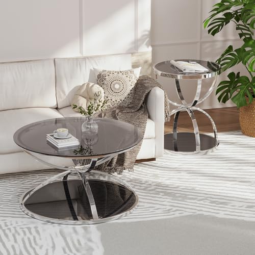 2Pcs Round Glass Coffee Table and End Table Sets with 2 Tiers (Medium / Silver)