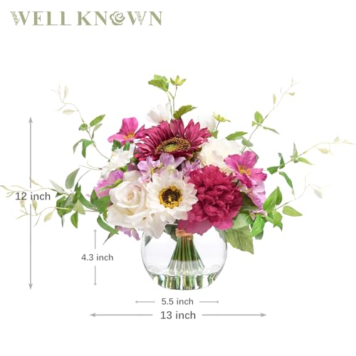 Artificial Flowers Centerpieces in Glass Vase with Fake Water (Fuchsia Plus)