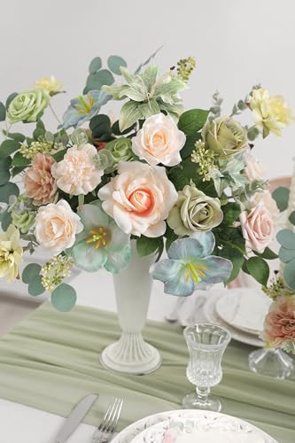 Artificial Flower Combo Fake Peony Rose Silk Flowers for DIY Wedding Bridal Bouquet Centerpieces Arrangements Party Decorations (Blue-green)