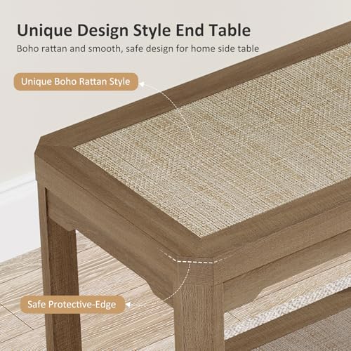 Rattan Side Table End Table Farmhouse Boho Nightstand Set of 2 (Caramel Oak, Geometric Edges)