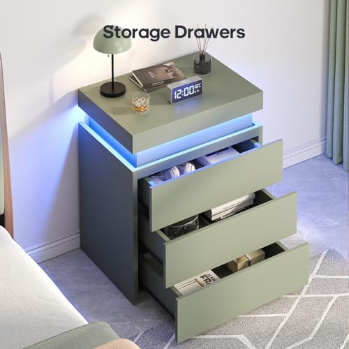 Green Nightstand with Charging Station and LED Lights (Green)