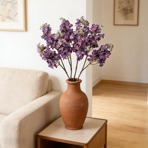 4PCS 25.6inch Lilac Artificial Flowers Deep Purple Fake Delphinium Long Stem Silk Real Touch Flower Faux Lilac Floral Arrangement for Tall Vase Table Wedding Garden Home Decoration（Deep Purple） (25.6inch Deep Purple / 4 Pcs)