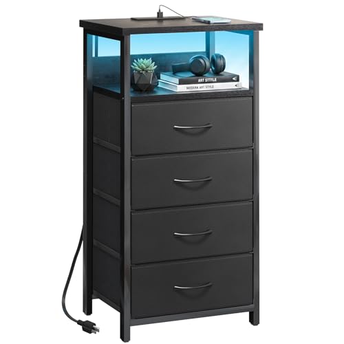Night Stand with Charging Station (15.7"D x 11.8"W x 33.1"H (4 drawers) / Power+Light (1pc) / Black)