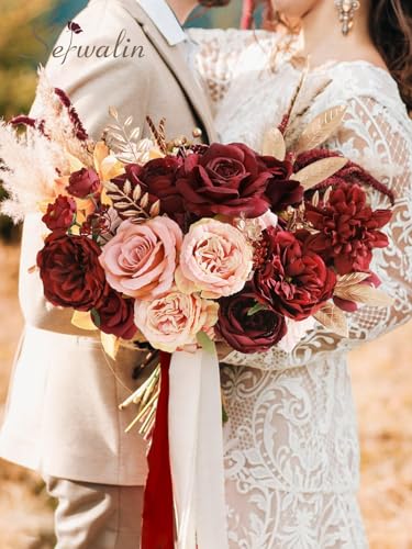 2PCS Artificial Flowers Burgundy Pink Fake Flowers for Wedding (Classic Burgundy Pink / 2 Boxes)