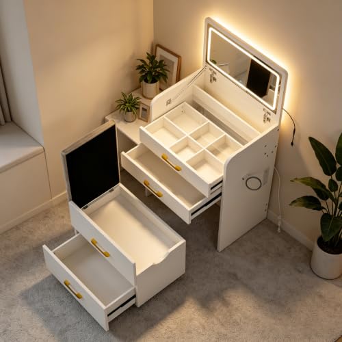 3-in-1 Vanity Desk Set with Stool, Small Flip-Up Makeup Table, White (White / 23.6 Inch)