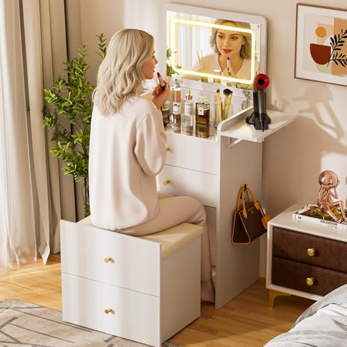 Makeup Vanity Desk with Mirror and Lights (Cream White)