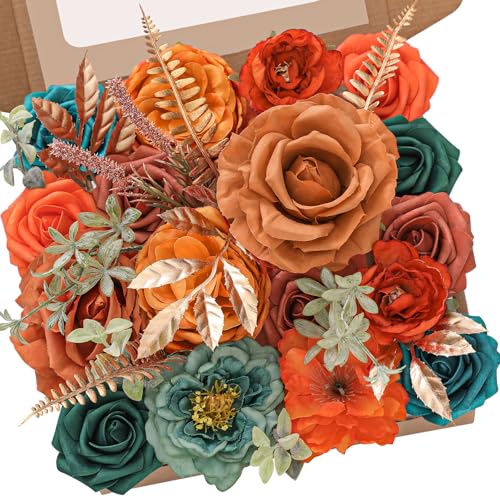 Orange and Teal Artificial Fall Flowers (A Athens Orange Teal Blue / 1 Box)