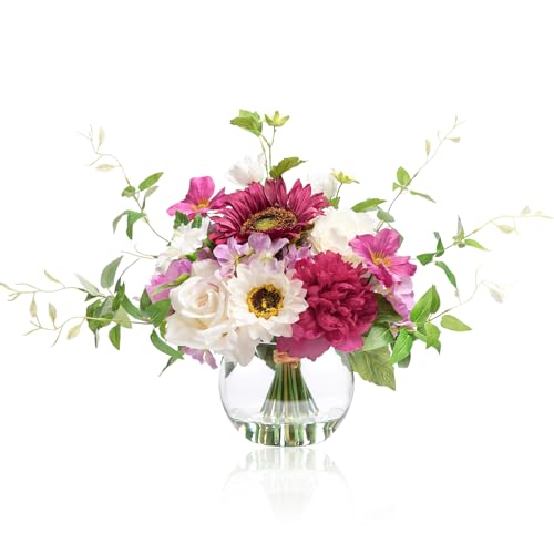 Artificial Flowers Centerpieces in Glass Vase with Fake Water (Fuchsia Plus)