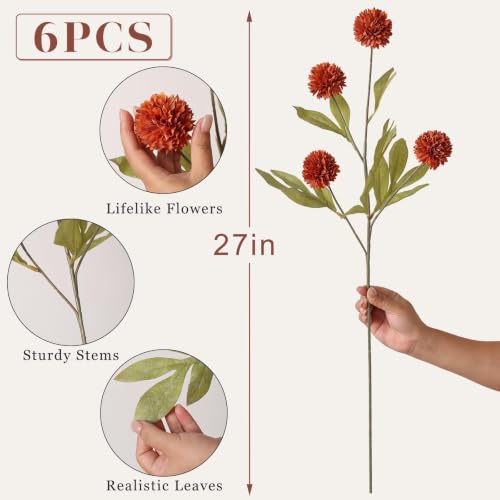 6 Pcs 27" Artificial Fall Pompon Mum Flower Stems for Vase (Orange)