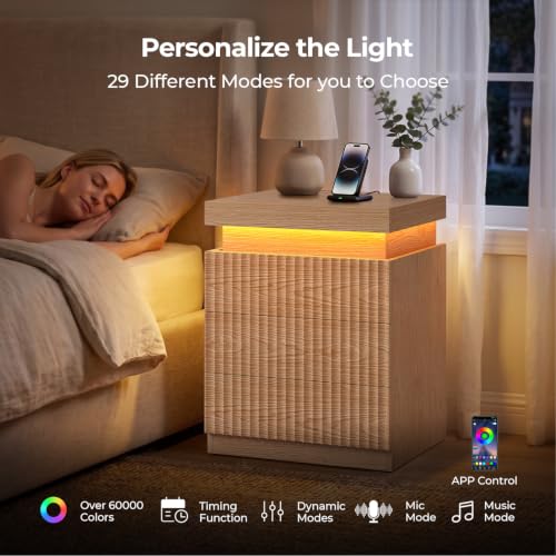 Fluted Nightstand with Charging Station and LED Lights (Oak)