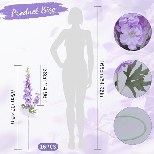 16Pcs Purple Delphinium Artificial Flowers 33.5'' Long Stem Larkspur Flower (Purpleii)