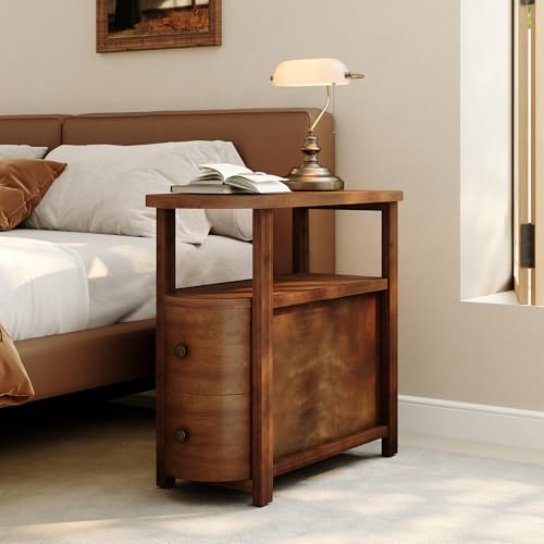 Solid Wood End Table with 2 Drawers & Open Shelf (Vintage Brown)