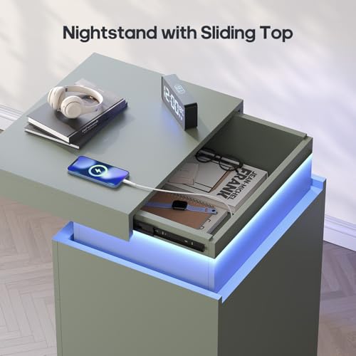 Green Nightstand with Charging Station and LED Lights (Green)