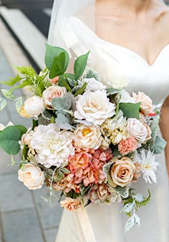 Artificial Flowers Rose 32pcs Silk Mix Peony Daisy Hydrangea Fake Flowers for DIY Wedding Bouquets Combo Centerpieces Arrangements Party Bridal Baby Shower Home Decorations (Champagne Powder)