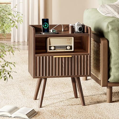 Nightstand Set of 2 with Charging Station (Walnut)