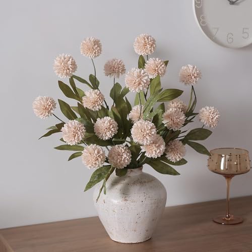 12 Pcs 27" Artificial Pompon Mum Silk Flower Stems for Vase (Beige)