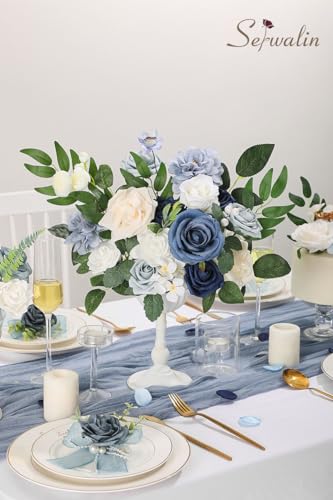 Artificial Flowers Combo Dusty Blue Silk Flowers for Wedding Decor (Dusty Blue &Navy,white / 1 Box)