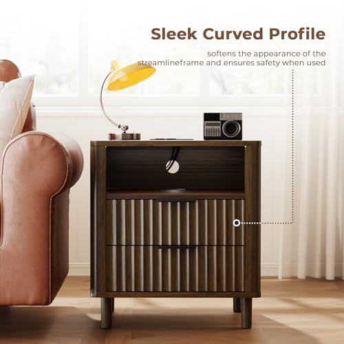 Fluted Nightstand Set of 2 with Charging Station (Walnut / 2 Drawers)