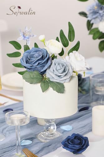 Artificial Flowers Combo Dusty Blue Silk Flowers for Wedding Decor (Dusty Blue &Navy,white / 1 Box)