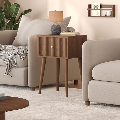 Small Nightstand Set 2 Fluted Wooden Nightstands Wood Legs Walnut (Walnut)
