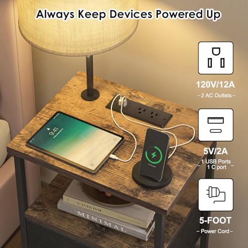 Nightstand with Lights Bedside Table with 3 Color Temperatures Bulb (15.7"D x 11.8"W x 23.5"H (1 drawer) / Power+Lamp (1pc) / Rustic Brown & Black)
