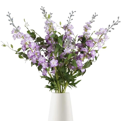 Purple Fake Flowers 9pcs Delphinium Artificial Flowers with Clematis Greenery Stems 33.5" Bluebonnet Flowers Larkspur Snapdragon Tall Fake Flowers for Home Bridal Shower Party Decor (Purple)