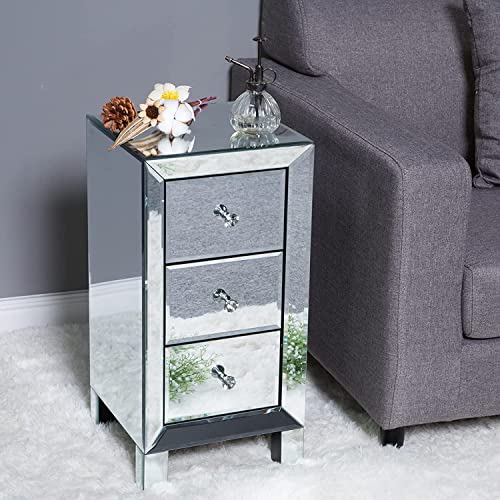 3 Drawer Mirrored Nightstand Set of 2 (2 Packs / Assembly: Knobs Only / Actual Glass Mirror Finish)