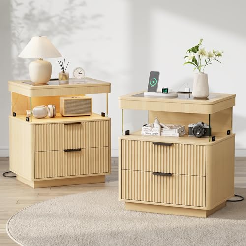 Fluted Nightstands Set of 2 with Charging Station